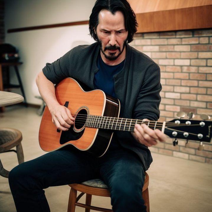 Keanu Reeves joue de la guitare