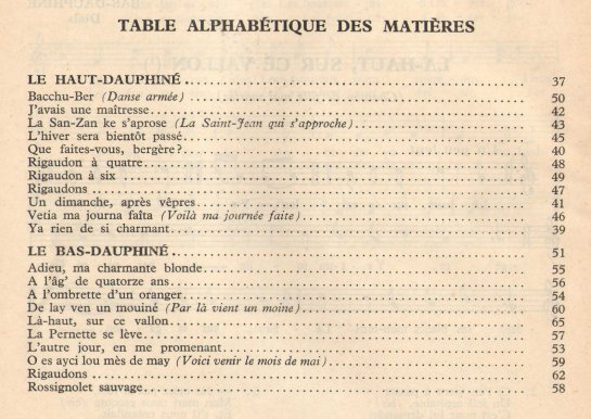 Afficher l'image de la table des matières : Joseph Canteloube - Anthologie des chants populaires français - Dauphiné