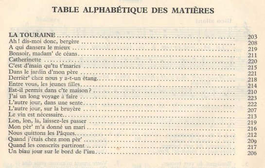 Afficher l'image de la table des matières : Joseph Canteloube - Anthologie des chants populaires français - Touraine