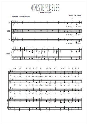 Téléchargez l'arrangement de la partition de Adeste Fideles en PDF pour trois voix de femmes et piano