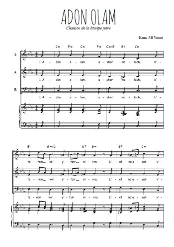 Téléchargez l'arrangement de la partition de Adon Olam en PDF pour trois voix mixtes et piano