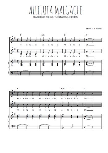 Téléchargez l'arrangement de la partition de Alleluia Malgache en PDF pour deux voix égales et piano