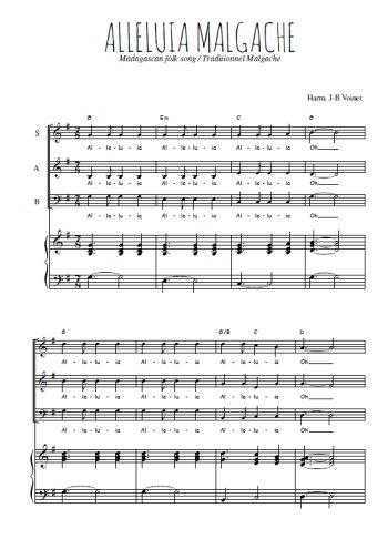 Téléchargez l'arrangement de la partition de Alleluia Malgache en PDF pour trois voix mixtes et piano