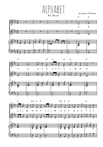 Téléchargez l'arrangement de la partition de Alphabet en PDF pour deux voix égales et piano
