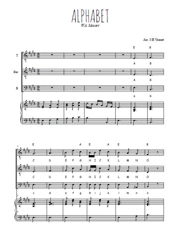 Téléchargez l'arrangement de la partition de Alphabet en PDF pour trois voix d'hommes et piano