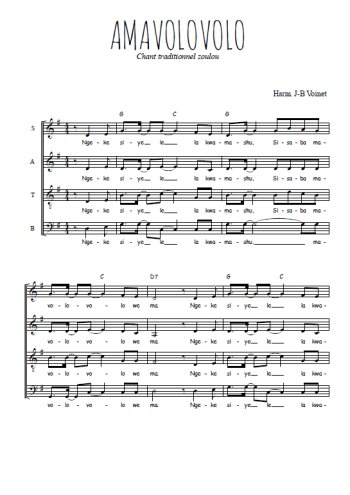 Téléchargez l'arrangement de la partition de Amavolovolo en PDF à quatre voix SATB