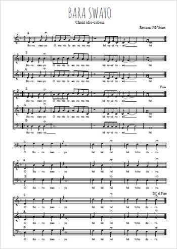 Téléchargez l'arrangement de la partition de Bara Swayo, chant afro-cubain en PDF à trois voix