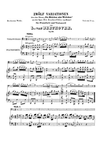 Douze variations pour violoncelle et piano Partition gratuite