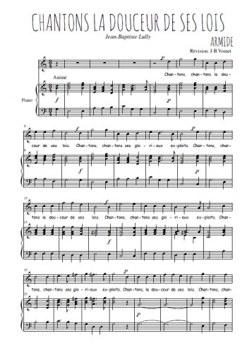 Téléchargez l'arrangement de la partition de jean-baptiste-lully-chantons-la-douceur-de-ses-lois en PDF pour Chant et piano