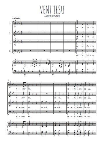 Téléchargez l'arrangement de la partition de Veni Jesu en PDF pour 4 voix mixtes et piano