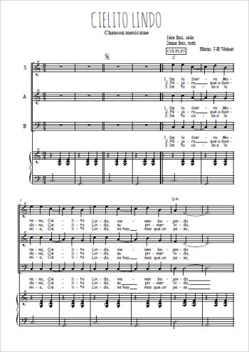 Téléchargez l'arrangement de la partition de Cielito Lindo en PDF pour trois voix mixtes et piano