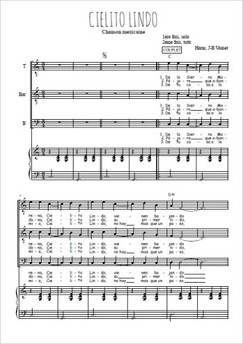 Téléchargez l'arrangement de la partition de Cielito Lindo en PDF pour trois voix d'hommes et piano