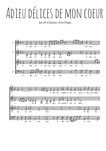 Téléchargez l'arrangement de la partition de Adieu délices de mon coeur en PDF à quatre voix SATB