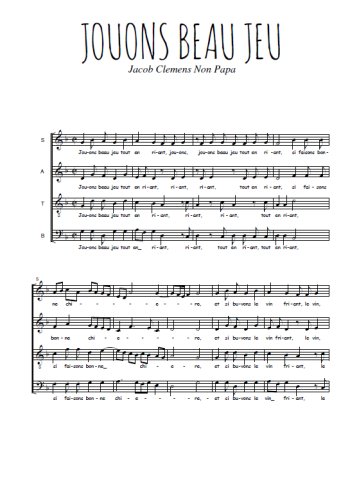 Téléchargez l'arrangement de la partition de Jouons beau jeu en PDF à quatre voix SATB