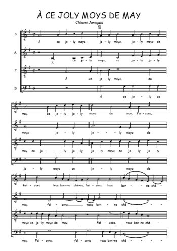 Téléchargez l'arrangement de la partition de A ce joly moys de May en PDF à quatre voix SATB