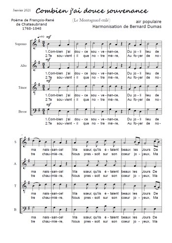 Téléchargez l'arrangement de la partition de Combien j'ai douce souvenance en PDF à quatre voix SATB