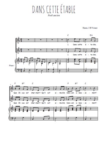 Téléchargez l'arrangement de la partition de Dans cette étable en PDF pour deux voix égales et piano