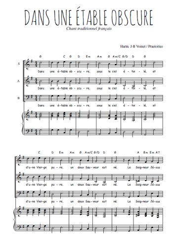 Téléchargez l'arrangement de la partition de Dans une étable obscure en PDF pour trois voix mixtes et piano