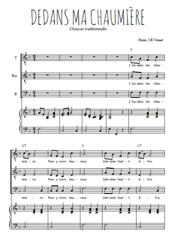 Téléchargez l'arrangement de la partition de Dedans ma chaumière en PDF pour trois voix d'hommes et piano