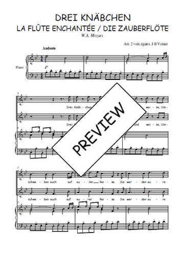 Téléchargez l'arrangement de la partition de Drei Knäbchen, quintet de La flûte enchantée en PDF pour deux voix égales et piano