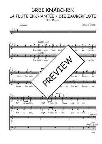 Téléchargez l'arrangement de la partition de Drei Knäbchen, quintet de La flûte enchantée en PDF à quatre voix SATB