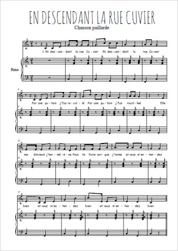 Téléchargez l'arrangement de la partition de chanson-paillarde-en-descendant-la-rue-cuvier en PDF pour Chant et piano