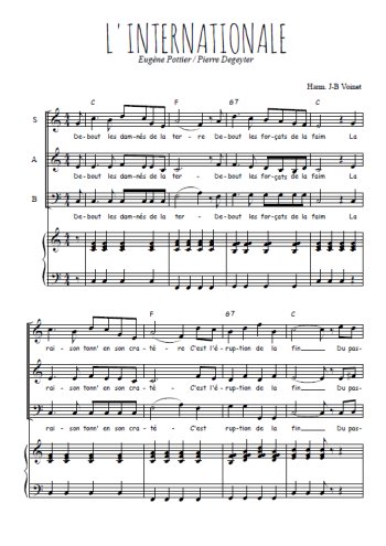 Téléchargez l'arrangement de la partition de L'internationale en PDF pour trois voix mixtes et piano