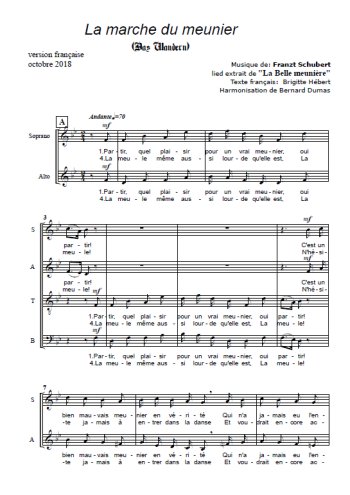 Téléchargez l'arrangement de la partition de La marche du meunier en PDF à quatre voix SATB