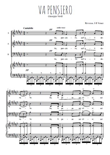 Téléchargez l'arrangement de la partition de Va pensiero en PDF pour trois voix mixtes et piano