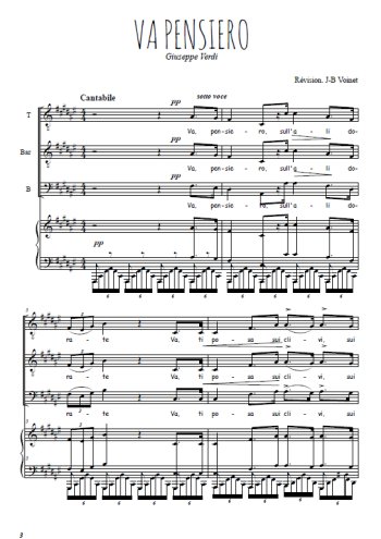 Téléchargez l'arrangement de la partition de Va pensiero en PDF pour trois voix d'hommes et piano