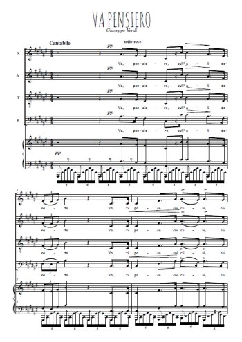 Téléchargez l'arrangement de la partition de Va pensiero en PDF pour 4 voix mixtes et piano