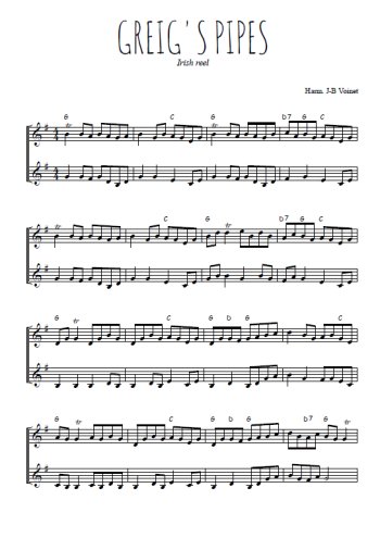 Téléchargez l'arrangement de la partition de Greig's pipes en PDF à deux voix