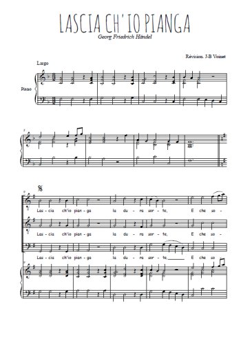 Téléchargez l'arrangement de la partition de Lascia ch'io pianga en PDF pour trois voix d'hommes et piano