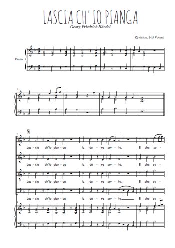 Téléchargez l'arrangement de la partition de Lascia ch'io pianga en PDF pour 4 voix mixtes et piano