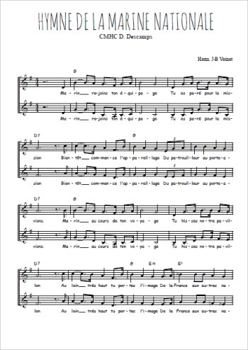Téléchargez l'arrangement de la partition de Hymne de la marine nationale en PDF à deux voix