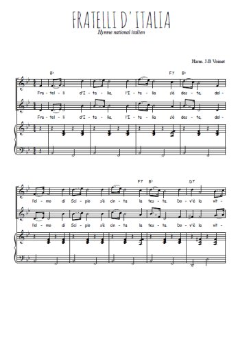 Téléchargez l'arrangement de la partition de Fratelli d'Italia en PDF pour deux voix égales et piano