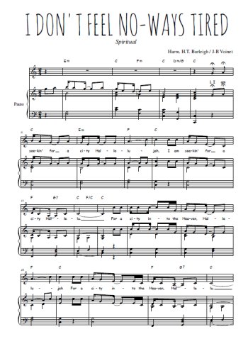 Téléchargez l'arrangement de la partition de gospel-i-don-t-feel-no-ways-tired en PDF pour Chant et piano