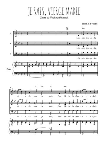 Téléchargez l'arrangement de la partition de Je sais, Vierge Marie en PDF pour trois voix mixtes et piano