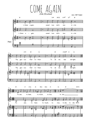 Téléchargez l'arrangement de la partition de Come again en PDF pour deux voix égales et piano