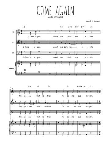 Téléchargez l'arrangement de la partition de Come again en PDF pour trois voix mixtes et piano