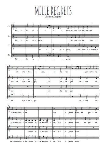 Téléchargez l'arrangement de la partition de Mille regrets en PDF à quatre voix SATB