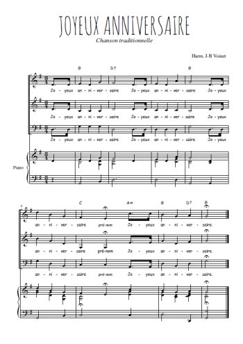 Téléchargez l'arrangement de la partition de Joyeux anniversaire en PDF pour trois voix mixtes et piano