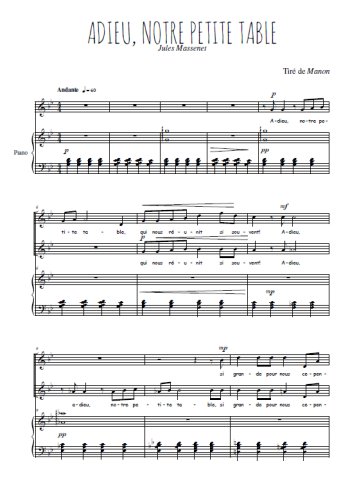 Téléchargez l'arrangement de la partition de Adieu, notre petite table en PDF pour deux voix égales et piano