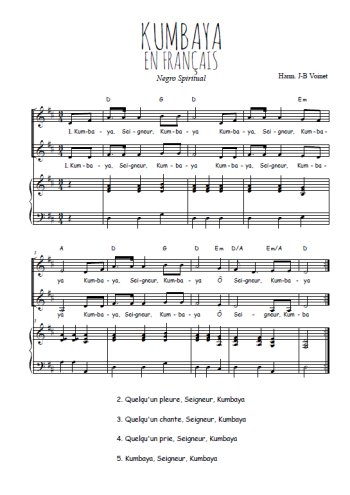 Téléchargez l'arrangement de la partition de Kumbaya en français en PDF pour deux voix égales et piano