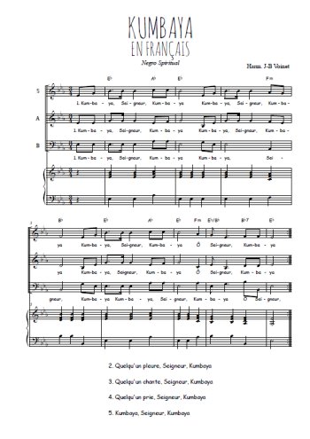 Téléchargez l'arrangement de la partition de Kumbaya en français en PDF pour trois voix mixtes et piano