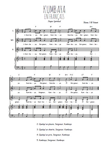 Téléchargez l'arrangement de la partition de Kumbaya en français en PDF pour trois voix de femmes et piano