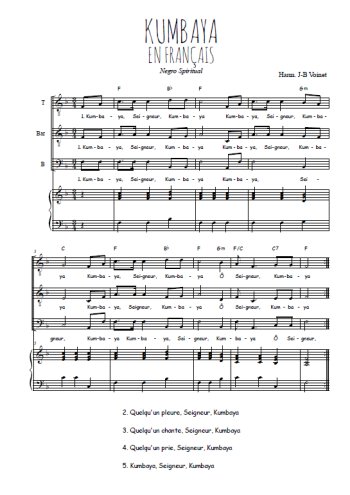 Téléchargez l'arrangement de la partition de Kumbaya en français en PDF pour trois voix d'hommes et piano