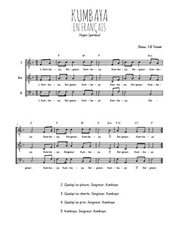 Téléchargez l'arrangement de la partition de Kumbaya en français en PDF à trois voix