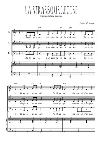 Téléchargez l'arrangement de la partition de La Strasbourgeoise en PDF pour trois voix mixtes et piano