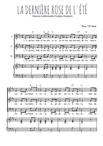 Téléchargez l'arrangement de la partition de La dernière rose de l'été en PDF pour trois voix mixtes et piano